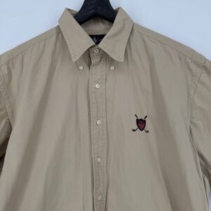 Ralph Lauren Polo Mens Tan Short Sleeve Button Down Shirt Golf Crest Logo Large
